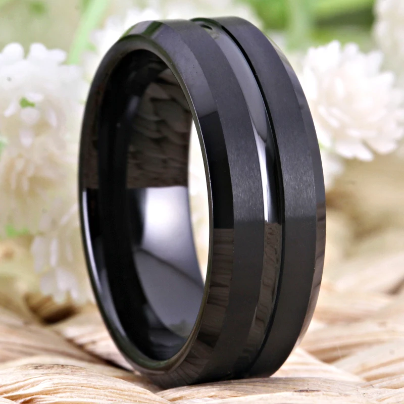 YGK Wedding Jewelry New Tungsten Rings for Men's Bridegroom Wedding Engagement Anniversary Ring Matte Black Bevel With Groove