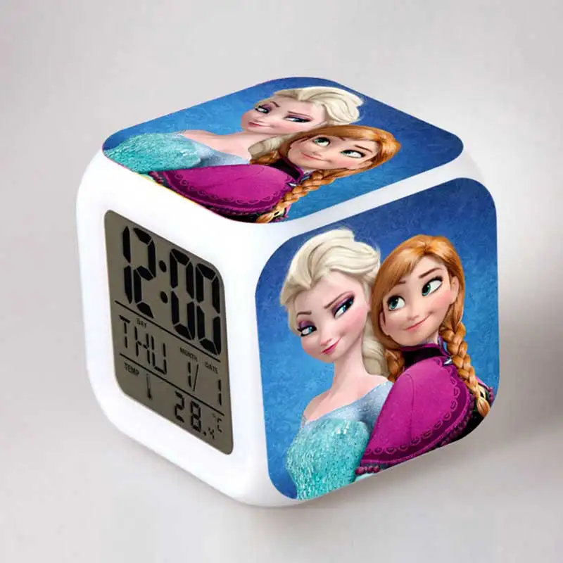 

Elsa and Anna Anime Figma Juguetes LED Alarm Clock Colorful Flash Night Light Elsa Doll Girls Toys Party Supplier