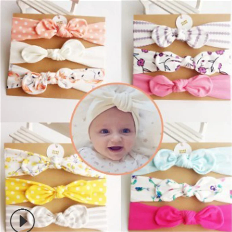 

3Pcs/Set Cute Rabbit Ear Elastic Baby Headband Cotton Bowknot Hairband Turban Headwear Flower Children Girls Hair Accessories