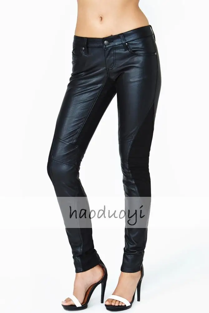 Модные брендовые женские брюки из искусственной кожи, узкие джинсовые брюки-карандаш, трикотажные повседневные кожаные брюки в стиле пэчворк