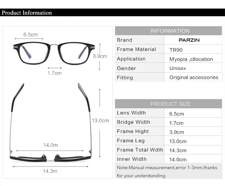 PARZIN TR90 большой оправе с прозрачными линзами для Близорукость очки рецепт оптика рамки интернет-магазин очки аксессуары 5018