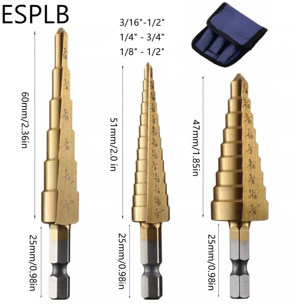 ESPLB 3pcs High Speed Steel HSS Titanium Step Drill Bit Set Quick