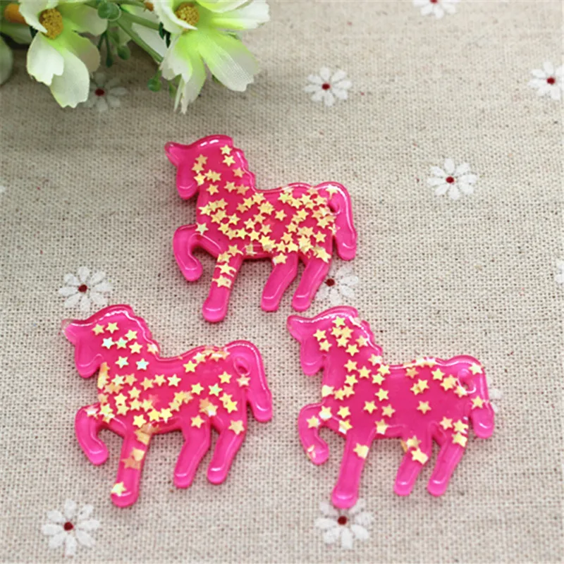 

10pcs Kawaii HotPink Cartoon Unicorn Sparkle Star Inside Resin Flatback Cabochon DIY Scrapbooking Embellishments Making,36*39mm