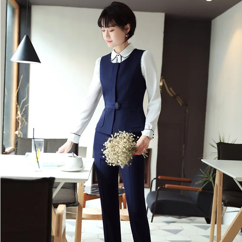 

Navy Blue Formal Styles 2 Piece With Tops And Pants Uniform Designs Blazer Sets Vest Coat & Waistcoat Women Business Office Work