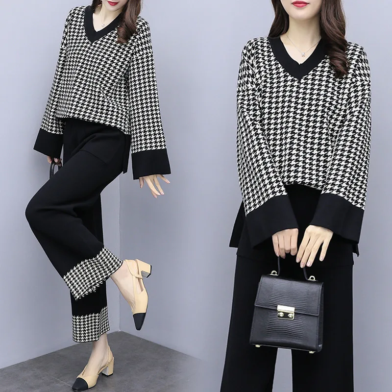 Houndstooth 2 Piece Set Women Long Sleeve V-neck Knitted Sweater And Wide Leg Pants Trousers Sets Suits Autumn Winter Casual Set Houndstooth 2 Piece Set Women Long Sleeve V-neck Knitted Sweater And Wide Leg Pants Trousers Sets Suits Autumn Winter Casual Set