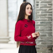 Осенний Национальный стиль Винтаж Вышивка цветок футболка с длинными рукавами