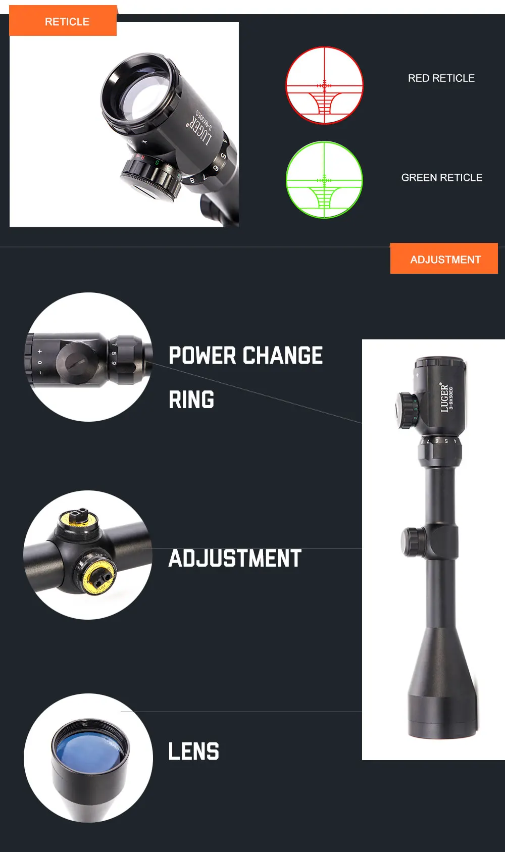 LUGER оптический прицел 3-9X50 красный зеленый точечный с подсветкой Открытый стрельба страйкбол пистолет охотничий прицел Коллиматорный прицел