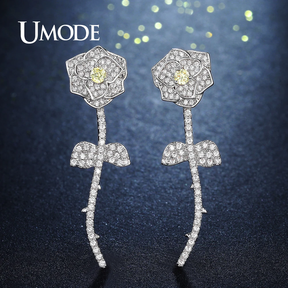 

UMODE Long Flower Rhinestone Drop Earrings for Women Fashion Party Jewelry Accessories Yellow CZ Crystal Boucle D'Oreille UE0305