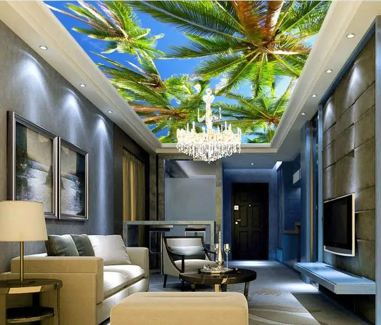 Us 13 92 52 Off Customize Sea Coconut Trees 3d Mural Wallpaper Ceiling Hd 3d Wallpaper Walls For Living Room Bedroom Wallpaper Ceiling Europe In