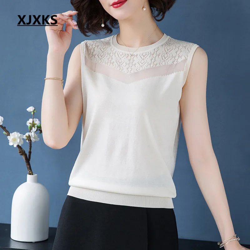 

XJXKS Fashion sleeveless women's T-shirt 2019 summer new comfortable thin section knitted top women's round neck T-shirt