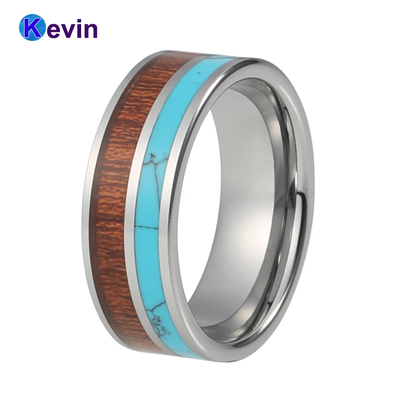 

Flat band tungsten ring pipe cut ring with turquoise and wood inlay best seller tungsten ring