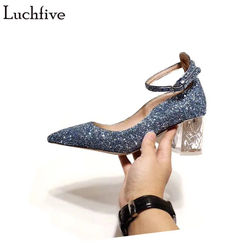 

2019 New Blue Sequined Bling Bling Slingback Pumps Women Clear Chunky High Heels Ankle Strap Runway Party Wedding Shoes Women