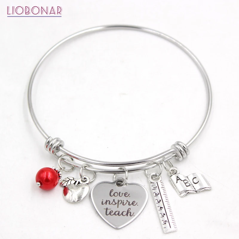 

1PC Stainless Steel Wire Bangle Adjustable Bangle Book Ruler Teacher Charm Bracelet Bangle Jewelry Teachers Gift Bijoux Pulsera