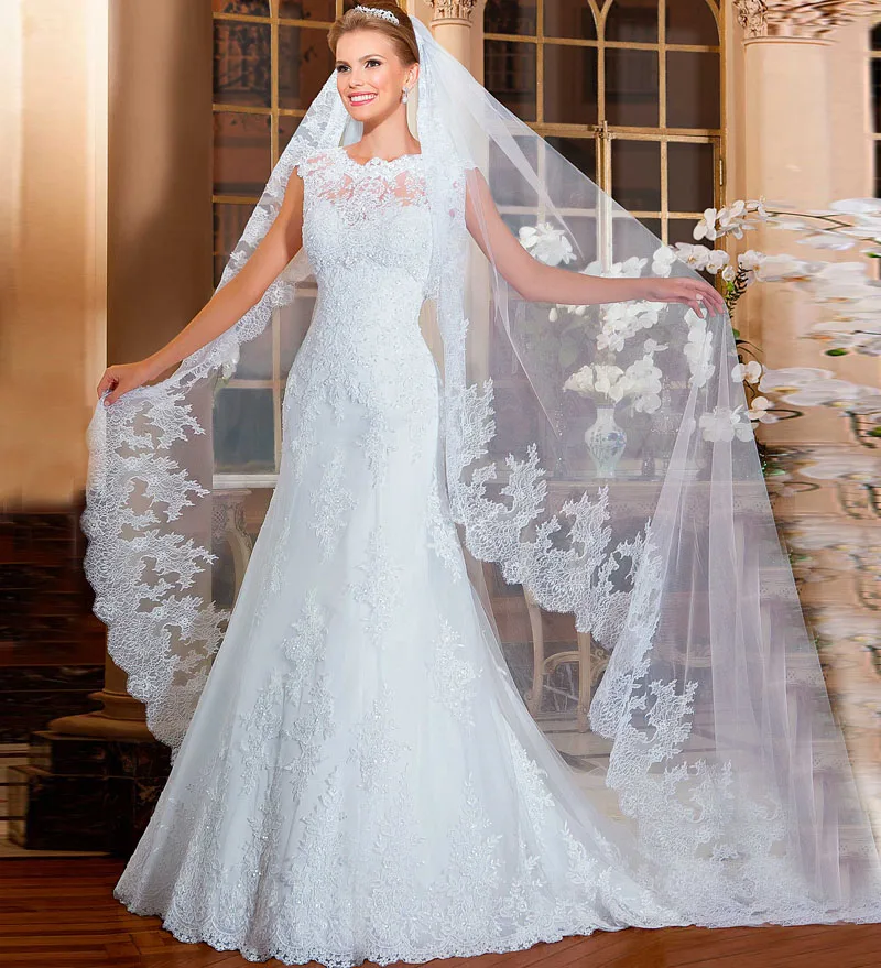 

vestido de noiva com manga curta Gelinlik 2016 New A line Scoop Cap Sleeve Bridal Dresses Cheap White Lace Wedding Dresses