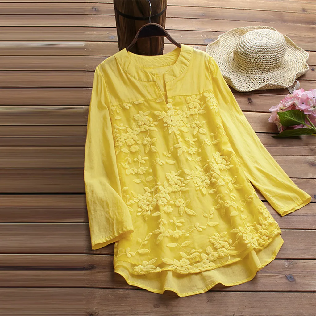 

Womens V Neck Printing Fit Loose solid color Long Sleeve Floral Loose Tops Casual Plain Tee Shirt Linen