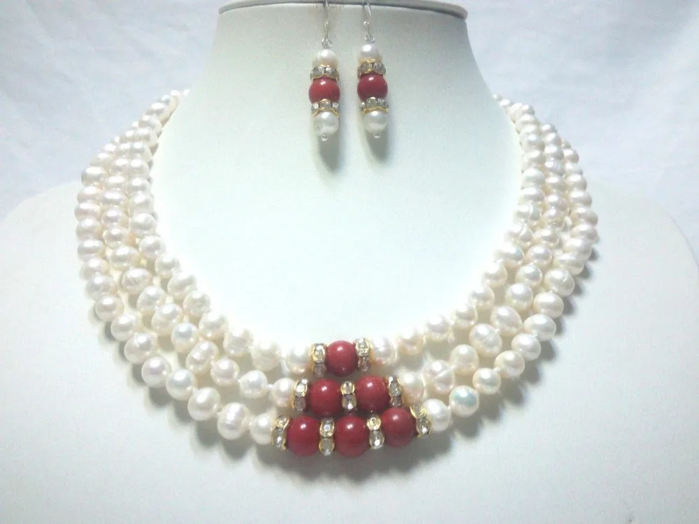 

Miss charm Jew.605 3 strands white freshwater pearl 7-8mm red coral 7mm necklace earring set new