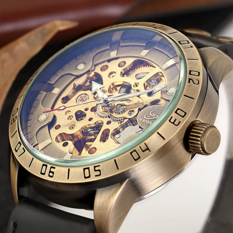 SHENHUA Brand Men Watches Retro Bronze Skeleton Automatic Mechanical Watch Male Leather Self Wind Casual Clock Relogio Masculino