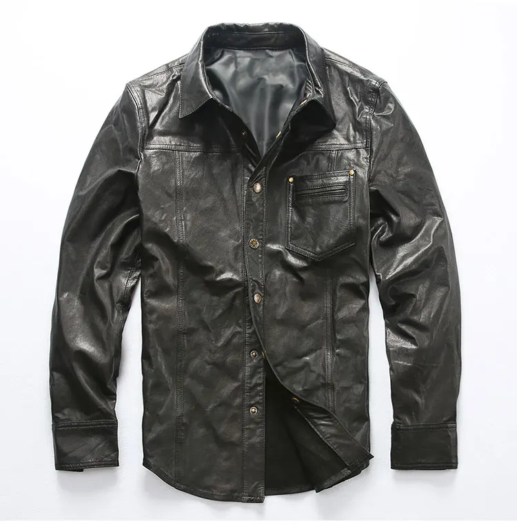 

2019 Fashion Sheepskin Genuine Leather Shirt Men Slim Fit Real Leather Jacket Mens Thin Slim Fit Black Casual Coat