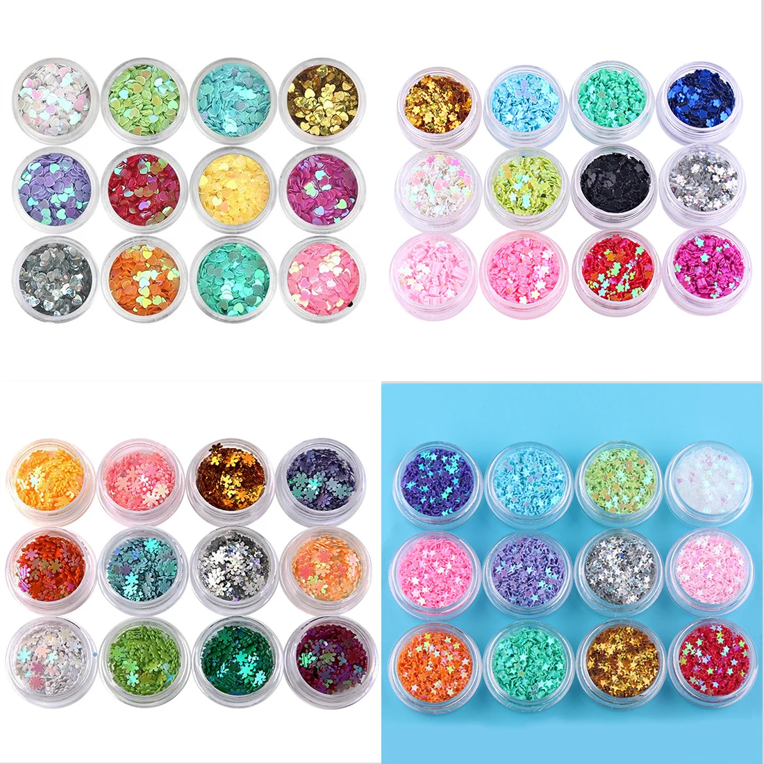 

12 Boxes/Kit 3D Nail Sequins 4 Shapes Iridescent DIY Multicolor Paillette Nail Art Shimmer Soild Snowflake Plum Heart Star