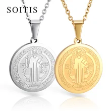 SOITIS святой Бенедикт ожерелья круглая медаль золотой цвет нержавеющая сталь крест подвески и цепи украшения для католиков для мужчин подарок