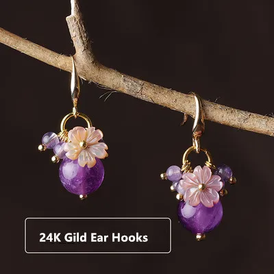 Мода красота Ювелирные серьги ручной работы 24 K Фиолетовый Кристалл бусины резные в виде ракушки цветы серьги ювелирные изделия - Окраска металла: 24K Gild Ear hooks