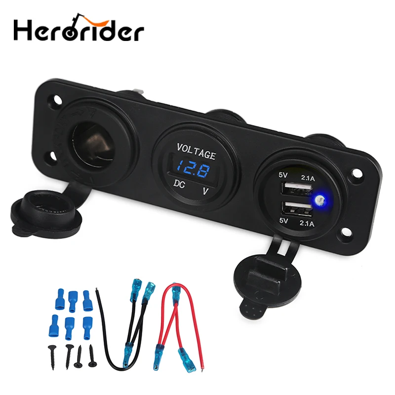

12V/24V Car Charger Motorcycle Plug Dual USB Adapter Splitter Cigarette Lighter Digital Voltmeter 3 Hole Panel Power Socket 4.2A