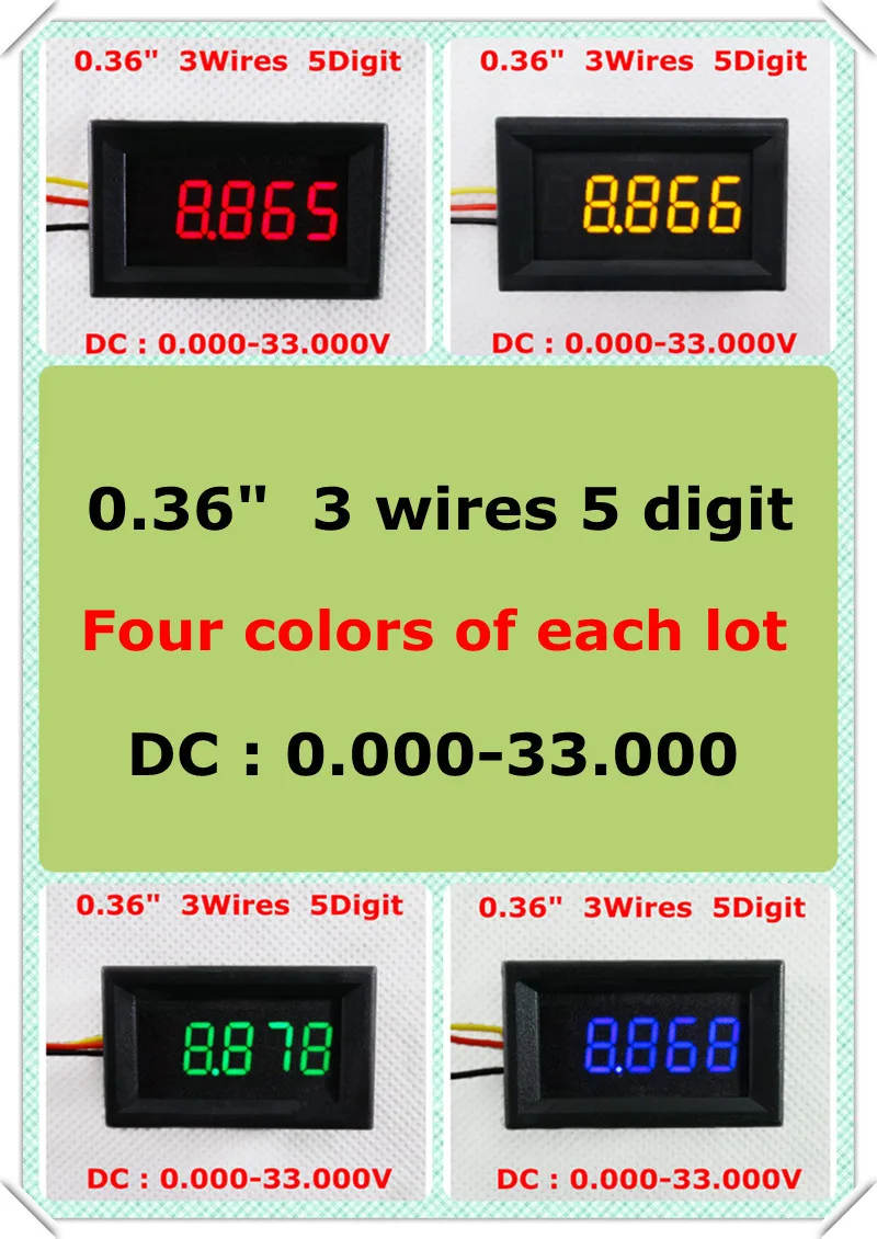 

RD 4 Colors 0.36" Digital Voltmeter three Wires 5 Digit DC 0-33V voltage Panel meter LED Display [ 4 pcs / lot]