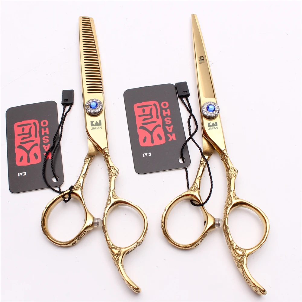 5.5" 16cm KASHO 440C Gold Barber Shop Cutting Scissors Thinning Shears
