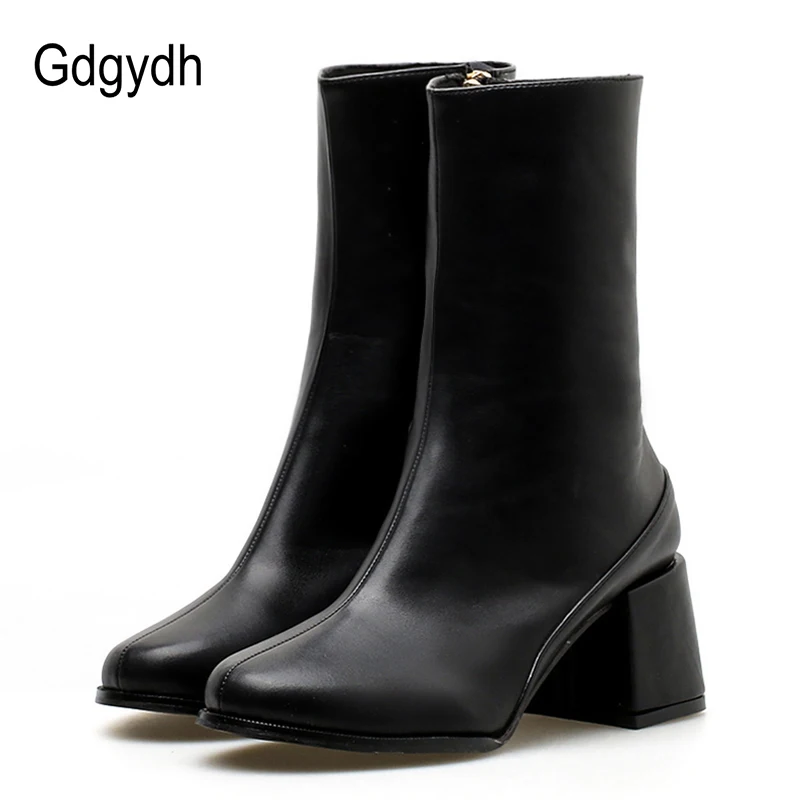 

Gdgydh 2018 New Fashion Women Leather Boots Square Heels Mid Calf Boots Woman Zipper Female Casual Shoes Footwear Free Shipping
