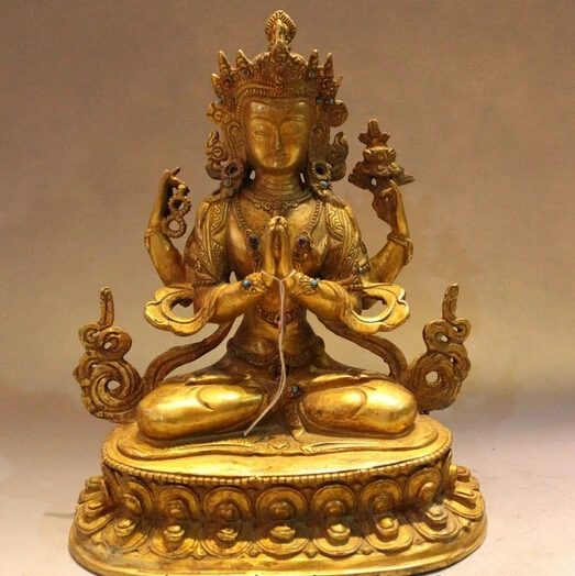 

wholesale factory 9" Old Tibet Bronze 24K Gold Buddhism 4 arms Chenrezig Kwan-yin Guan Yin Buddha