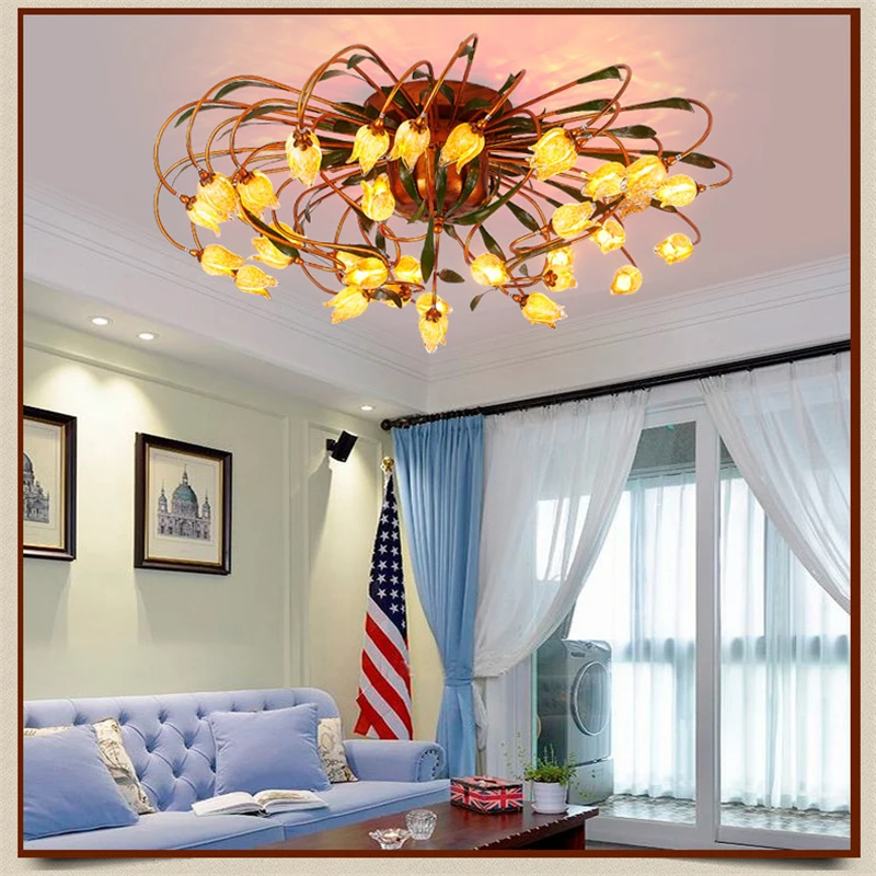 Glass Flower Green Leaves Ceiling Lights American Garden Artistic