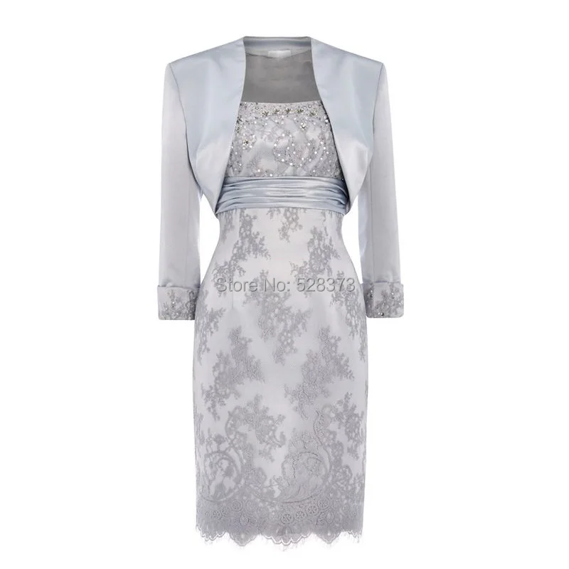 US $81.75 YNQNFS MD8 Real Photos Two Piece With Long Sleeves Jacket Beaded Short Mother of the BrideGroom Dresses Lace Outfit Silver Grey