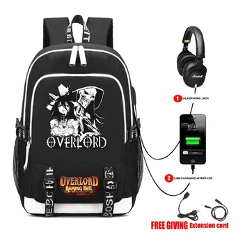

Anime Overlord Canvas Backpack USB Charging Headphone jack Student School Backpack Teenagers men travel laptop bag 16 styles