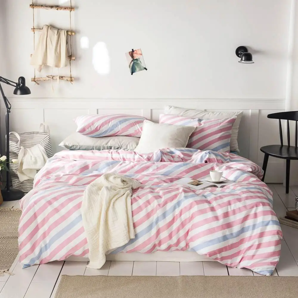 2019 Light Pink Blue Stripes Bed Cover Duvet Cover Set Cotton