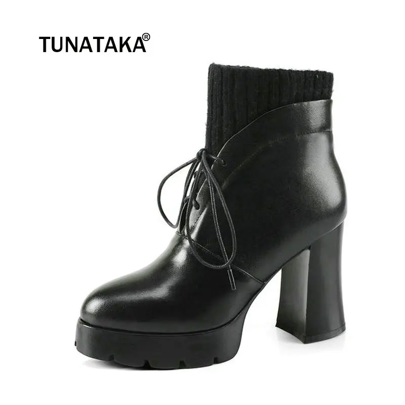 Talons Cuir forme Bottes Plate Lace Cheville À Noir Carré Mode Hauts Femme Chaussures Robe En Véritable Up pYt55