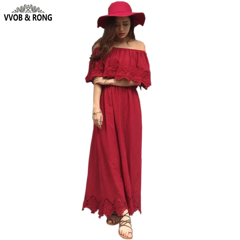 Bohemian Holiday Long Dresses Strapless Solid Cotton Dress Red White Sleeveless Maxi Dresses Off shoulder Party