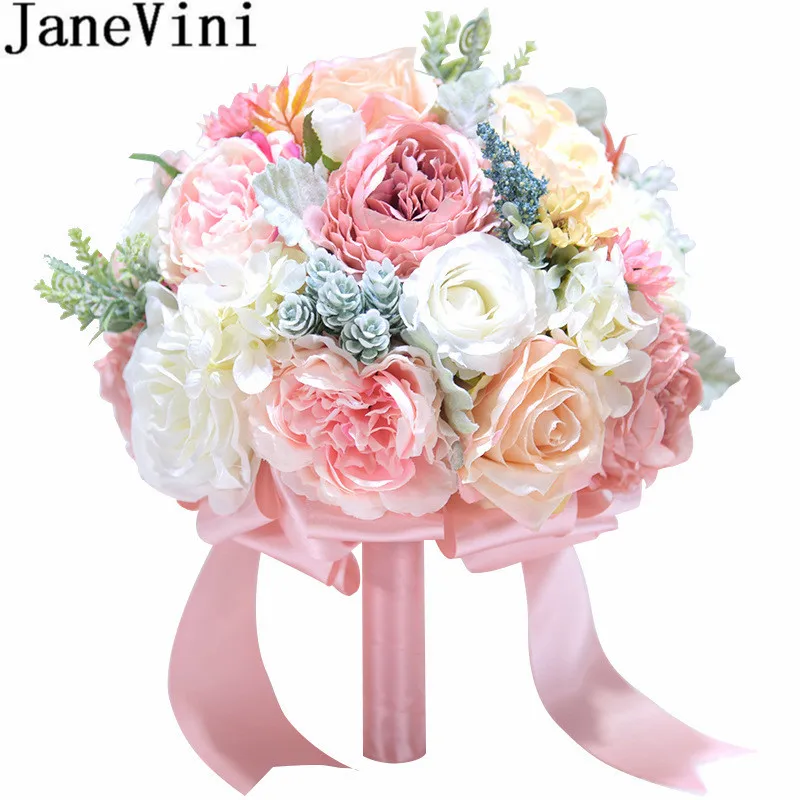 JaneVini Романтические Розовые/фиолетовые Свадебные букеты шелковые цветы ручной работы броши невесты букет искусственная Роза