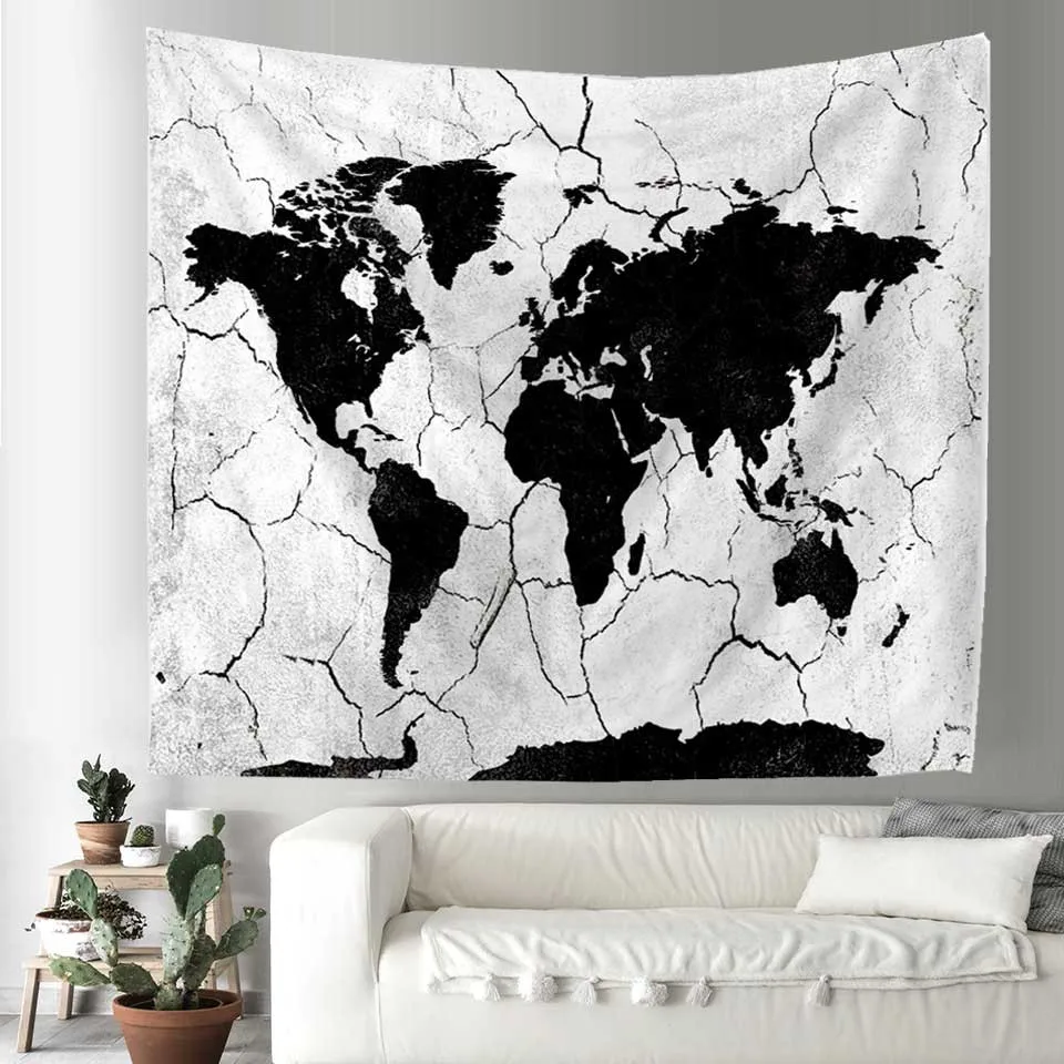 Cilected World Map Wall Tapestry Black & White Printed Hanging Carpet