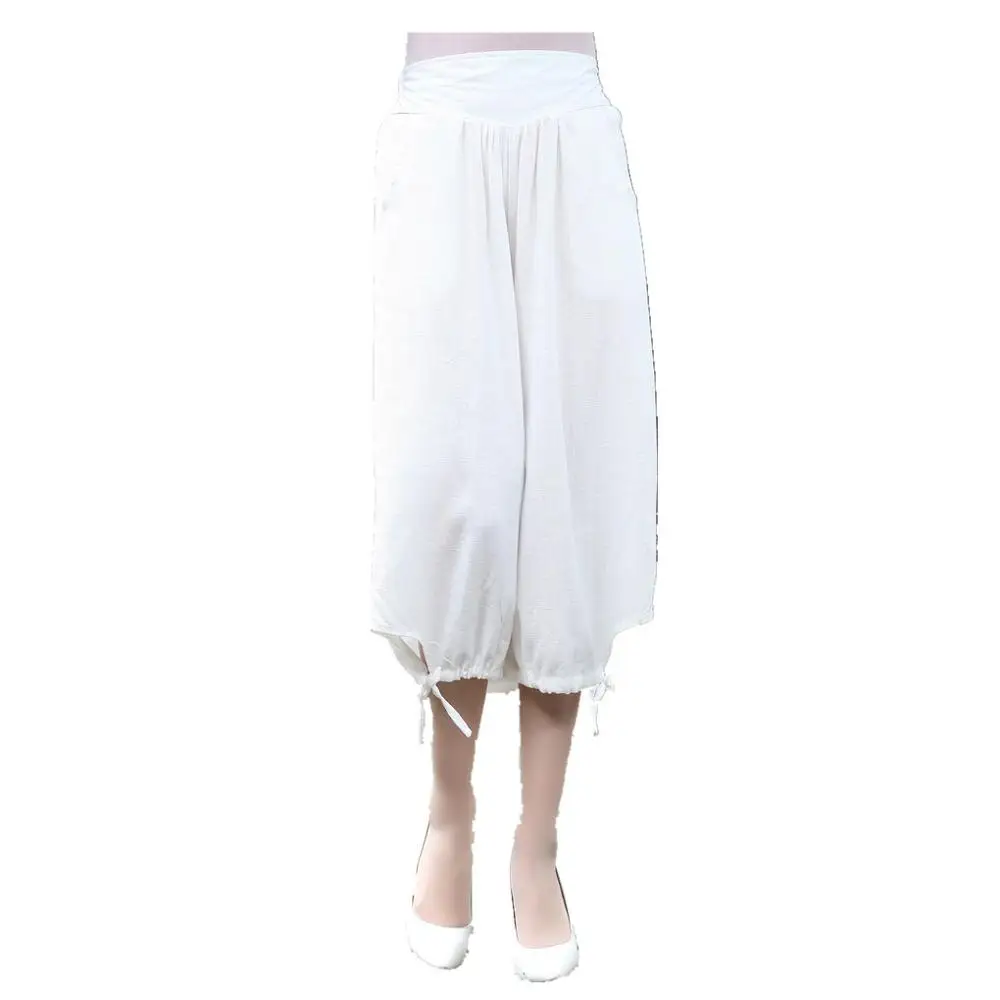 Шанхай история женские льняные китайские традиционные брюки эластичный пояс широкие брюки капри 3 цвета - Цвет: White