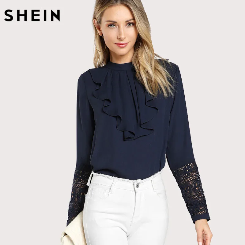 SHEIN Модный Топ С Оборкой И Кружевной Вставкой Женская Весенняя Элегантная Блузка