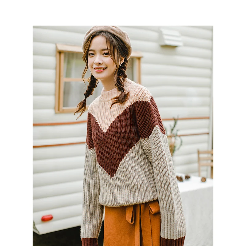 INMAN women Winter Contrast Color and a half high collar long sleeves pullovers ladies sweaters | Женская одежда