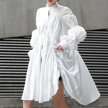 

2019 Fashion Hipster Irregular Pleated Lantern Sleeves Big Swing Shirt Ladies Dress