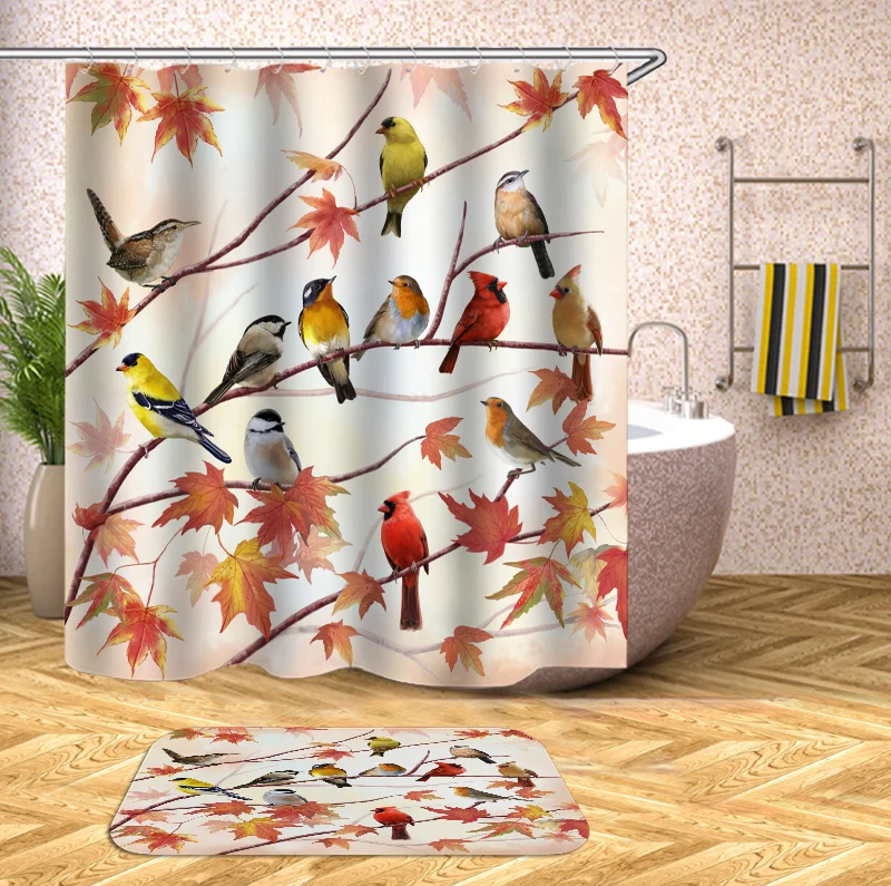 Maple Leaf Tree And Birds Shower Curtain Fabric Colorful Polyester