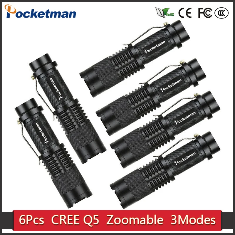 

6 Pack Powerful Waterproof Mini Flashlight Q5 LED Torch Lanterns 2000lm Adjustable Focus Zoomable Light (Black) Z30