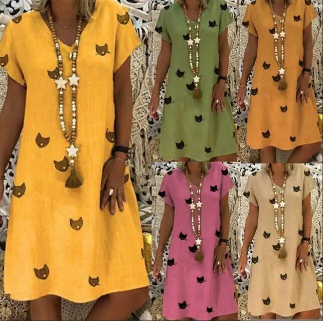 

Women Casual V-Neck Cotton and Linen Dress Summer Style T-shirt Cotton Dress