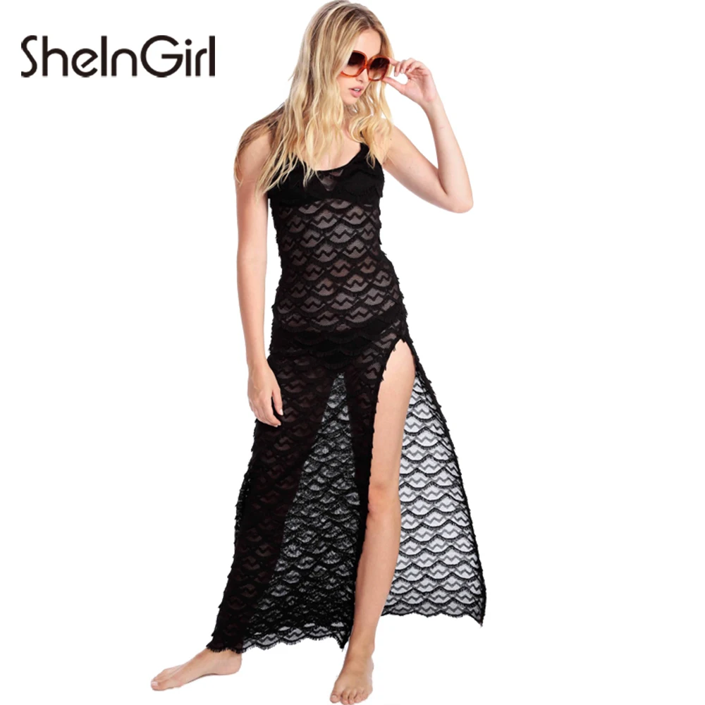 Sheingirl Black Dress Women Sleeveless Sheer Split Hem Bodycon Maxi