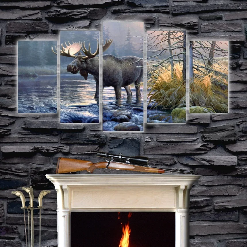 

5 Panels Canvas Prints Elk Drink Beside Lake canvas painting poster home decor fashion deer wall art for living room