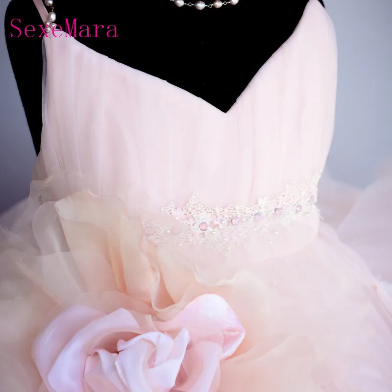 Хорошо продуманные розовый бальное платье с ручной цветок бисерные нити, открытая спина v-образным вырезом оборками сшитое Vestidos