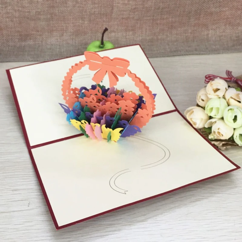 1pcs Flower Baskets Laser Cut Kirigami 3D Pop UP Greeting & Gift DIY Cards Handmade Creative Thanksgiving Day Birthday Gifts (6)