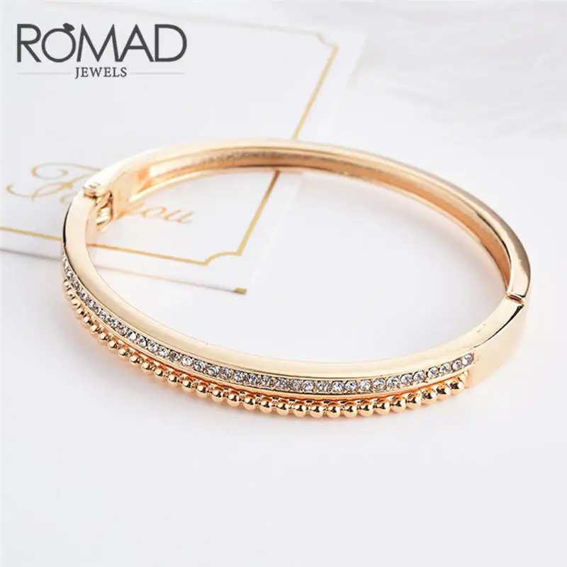 

ROMAD 2 Row Opening CZ Bangles Women Crystal Beaded Metal Ball Bangles & Bracelet For Party Wedding Engagement 2018 Fashion R2